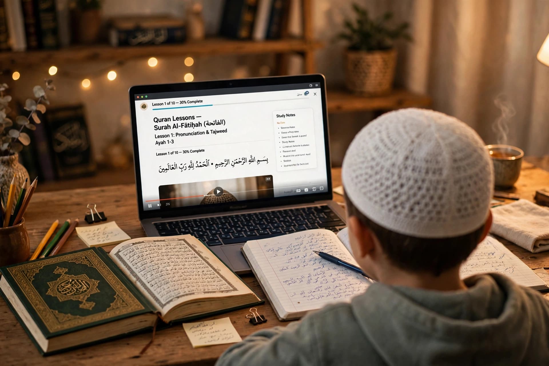 A child studying the Quran on a laptop during a live online class, seen from behind