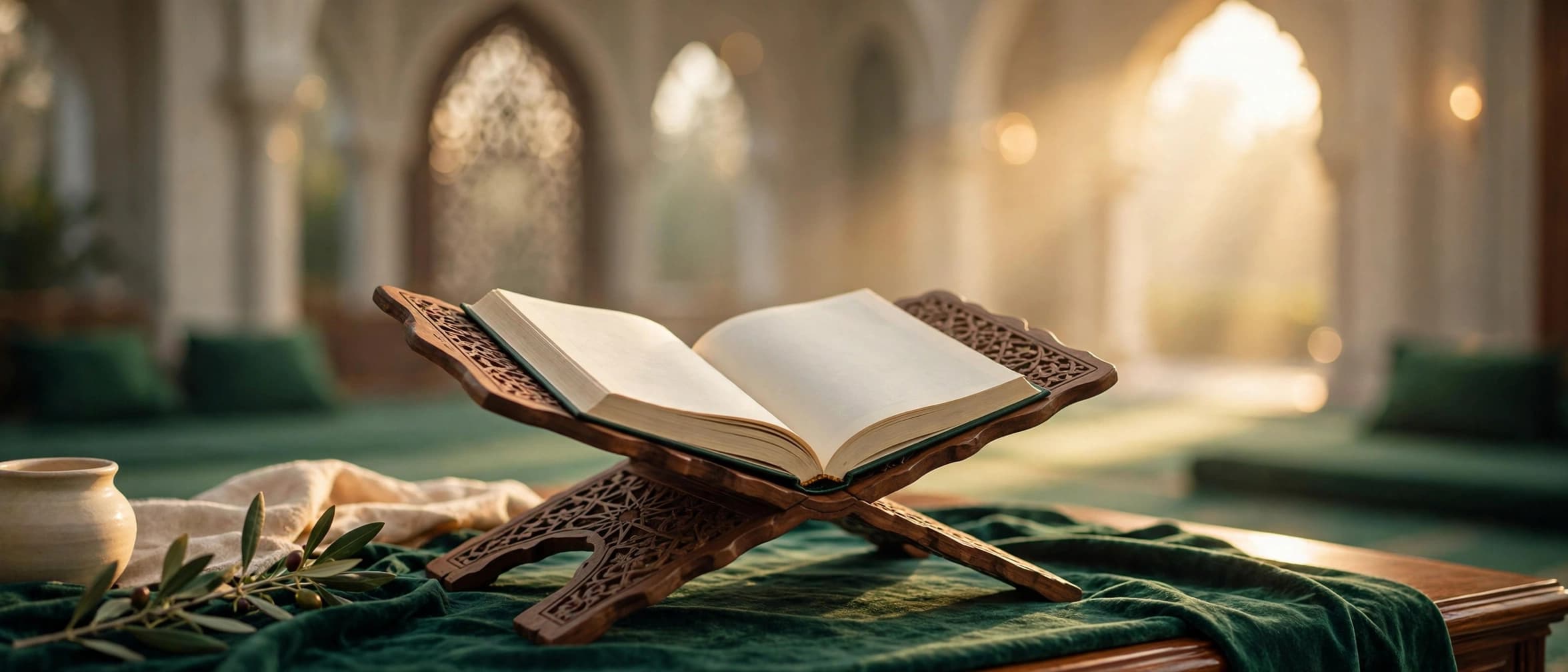Open Quran resting on a wooden rehal with mosque arches in soft emerald and cream tones