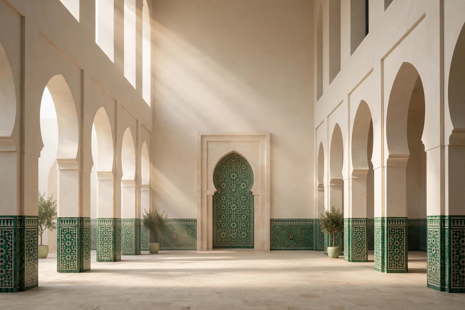 Interior of a mosque with elegant arches in warm light