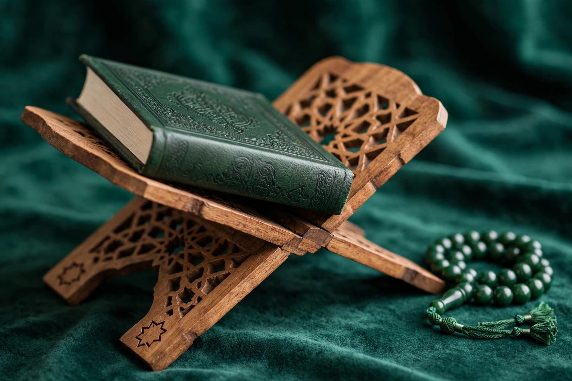 Close-up of an open Quran on a wooden rehal draped with emerald fabric